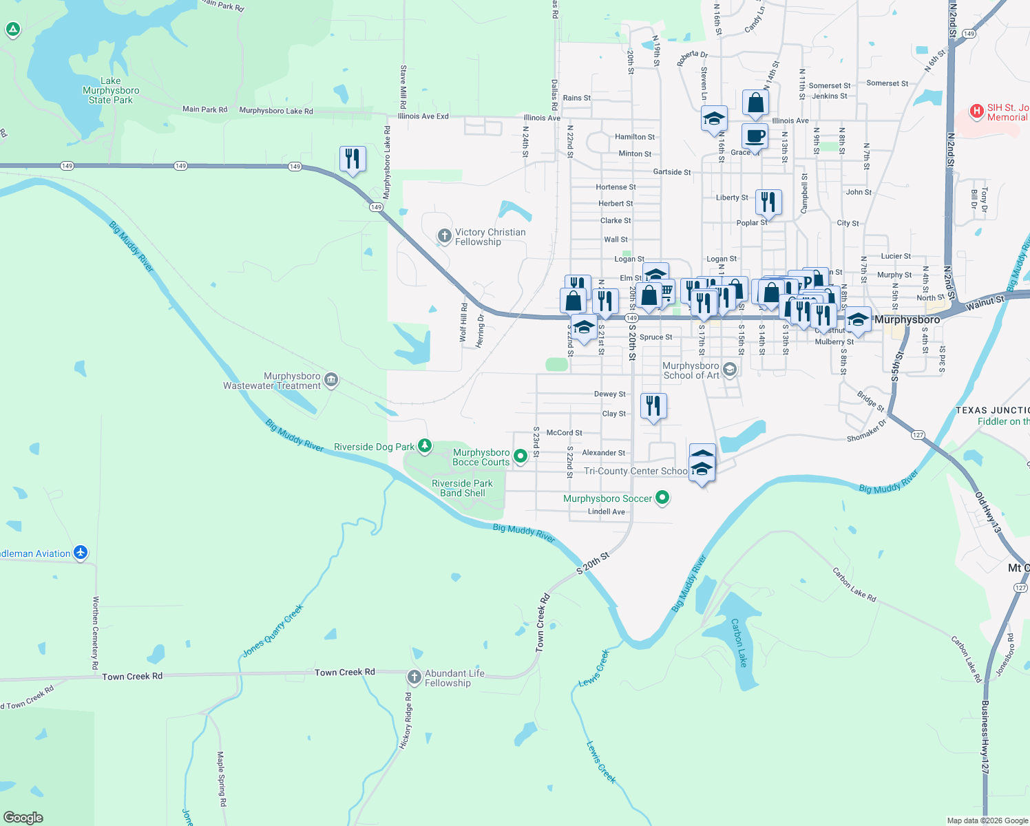 map of restaurants, bars, coffee shops, grocery stores, and more near 2337 Clay St in Murphysboro