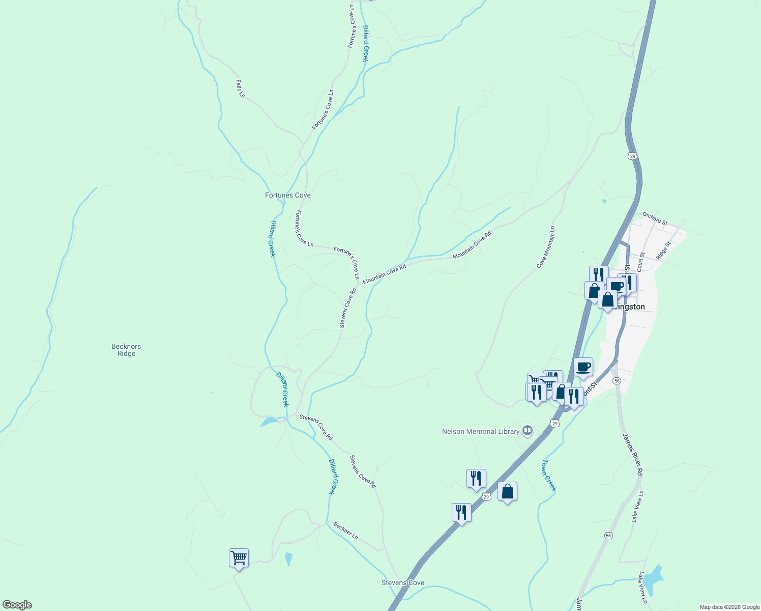 map of restaurants, bars, coffee shops, grocery stores, and more near Stargate Lane in Lovingston