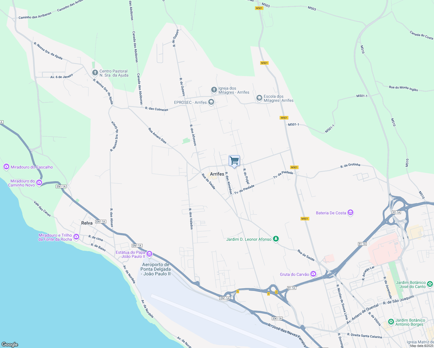 map of restaurants, bars, coffee shops, grocery stores, and more near Rua Cardeal D. Humberto de Medeiros in Arrifes