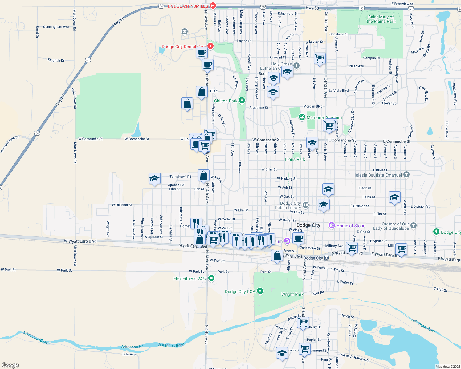 map of restaurants, bars, coffee shops, grocery stores, and more near 1301 11th Avenue in Dodge City