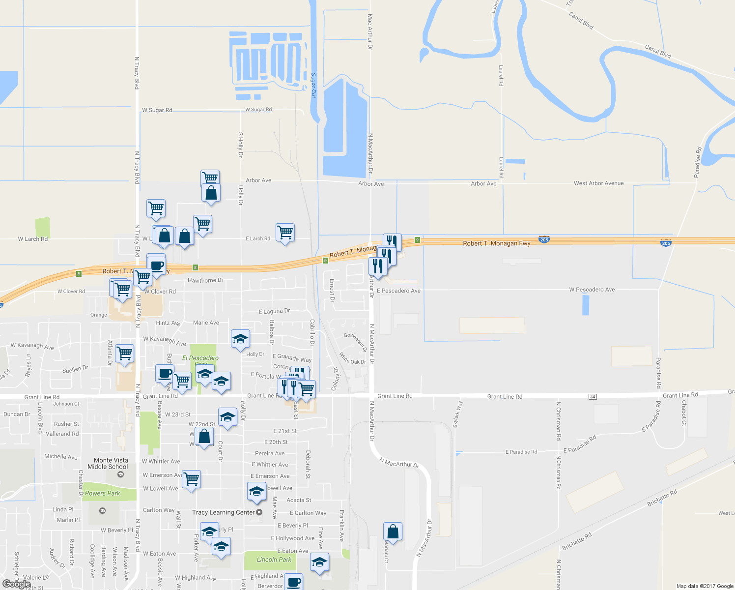map of restaurants, bars, coffee shops, grocery stores, and more near 3360 Cheryl Court in Tracy