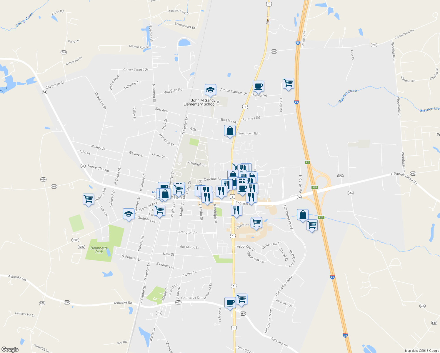 map of restaurants, bars, coffee shops, grocery stores, and more near 500 Caroline Street in Ashland