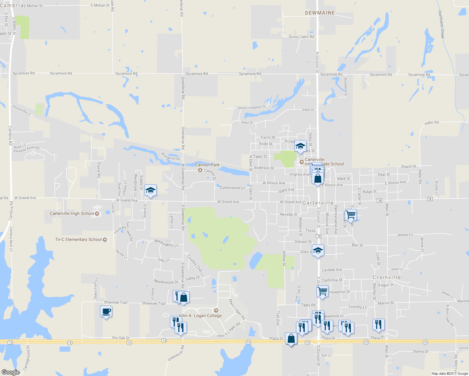 map of restaurants, bars, coffee shops, grocery stores, and more near 811 Cottonwood Lane in Carterville