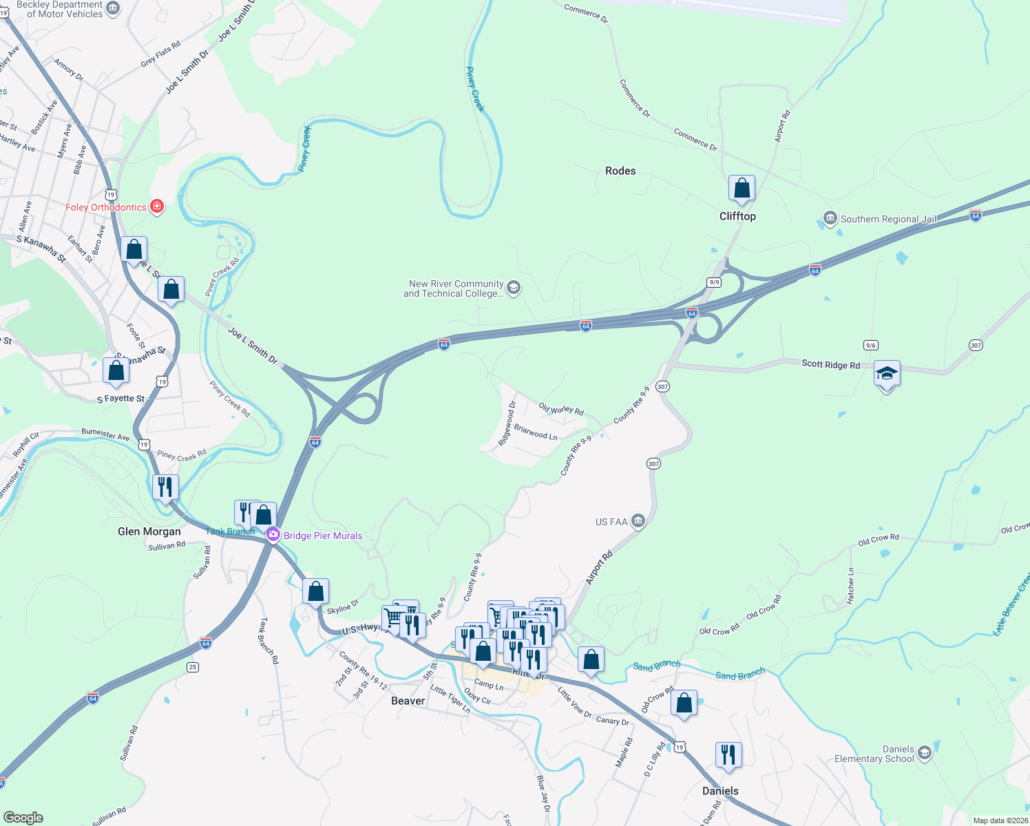 map of restaurants, bars, coffee shops, grocery stores, and more near 34 Ridgewood Drive in Beaver