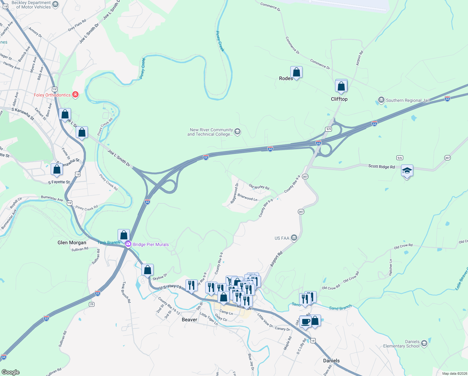 map of restaurants, bars, coffee shops, grocery stores, and more near 343 Old Worley Rd in Beaver