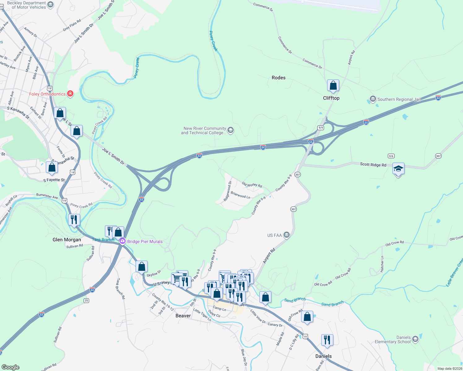map of restaurants, bars, coffee shops, grocery stores, and more near 34 Ridgewood Drive in Beaver