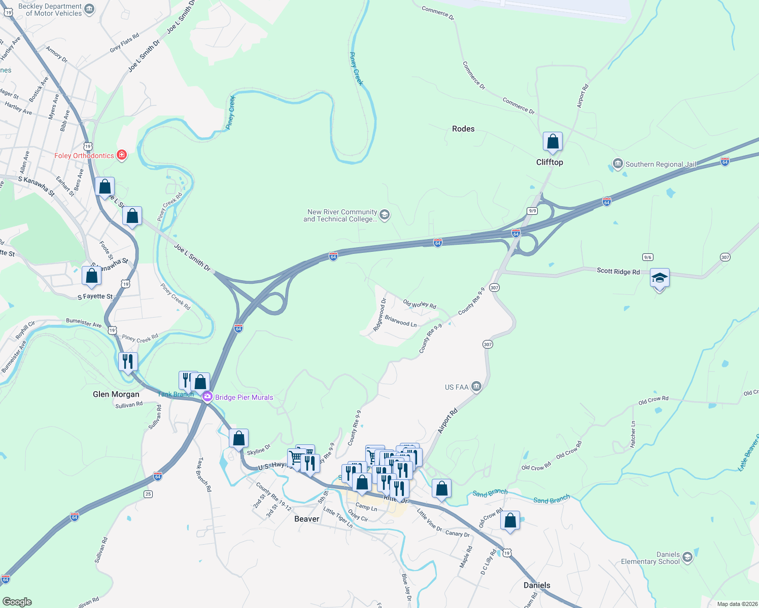 map of restaurants, bars, coffee shops, grocery stores, and more near 343 Old Worley Rd in Beaver