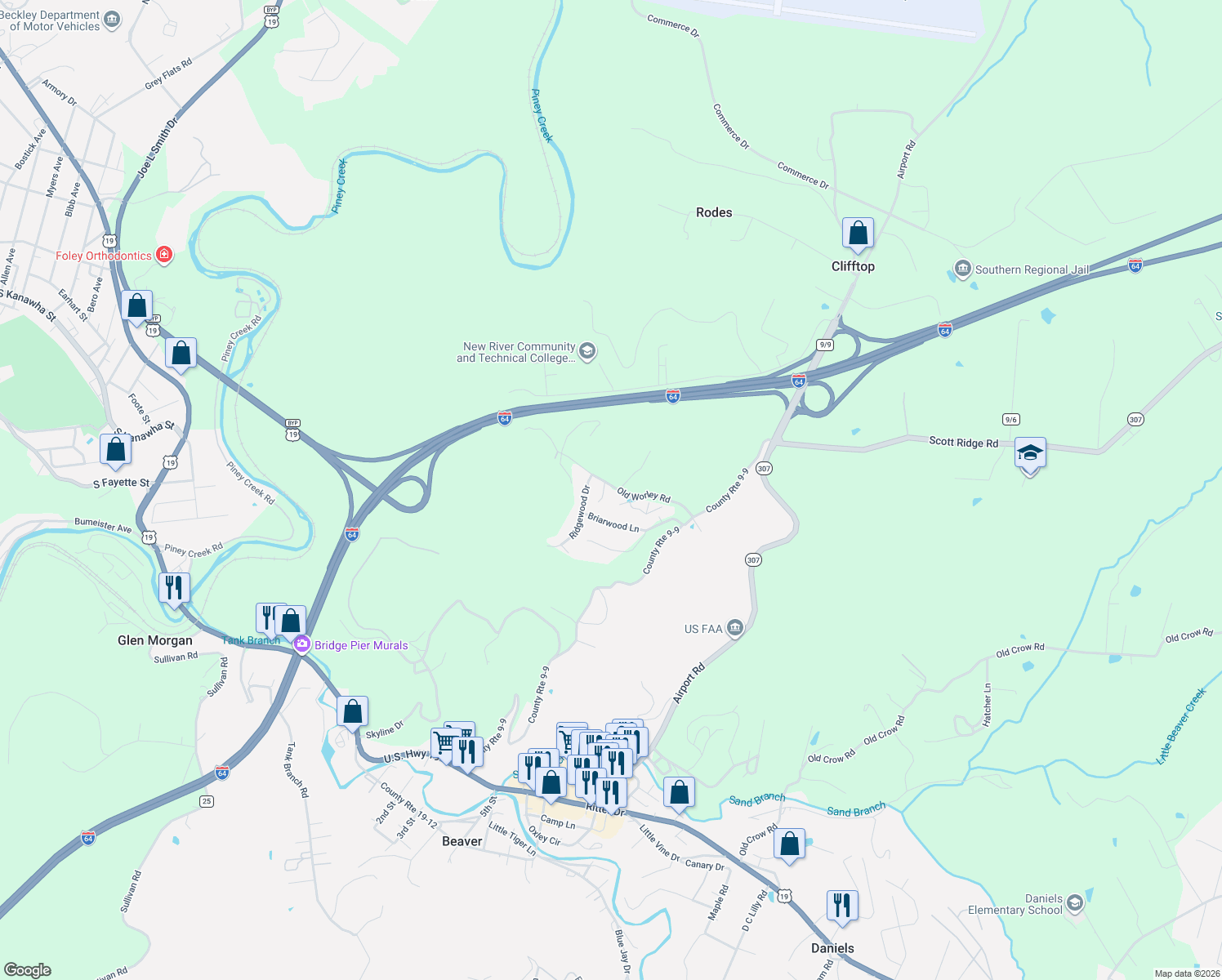 map of restaurants, bars, coffee shops, grocery stores, and more near 34 Ridgewood Drive in Beaver