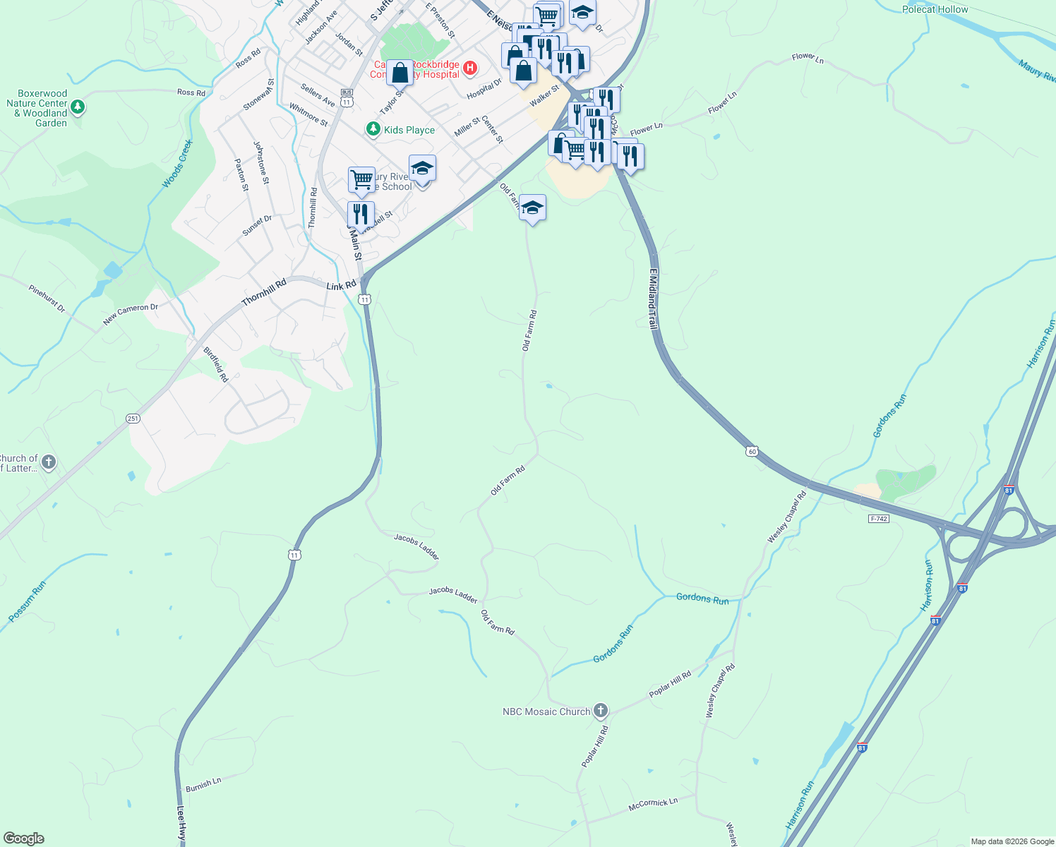 map of restaurants, bars, coffee shops, grocery stores, and more near 1001 Old Farm Road in Lexington