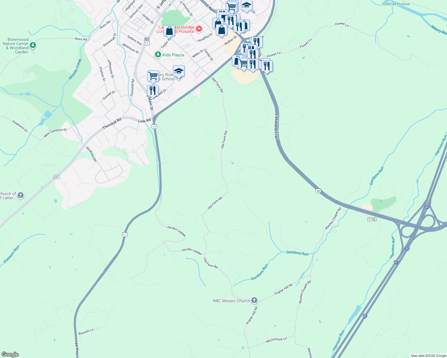 map of restaurants, bars, coffee shops, grocery stores, and more near 1001 Old Farm Road in Lexington