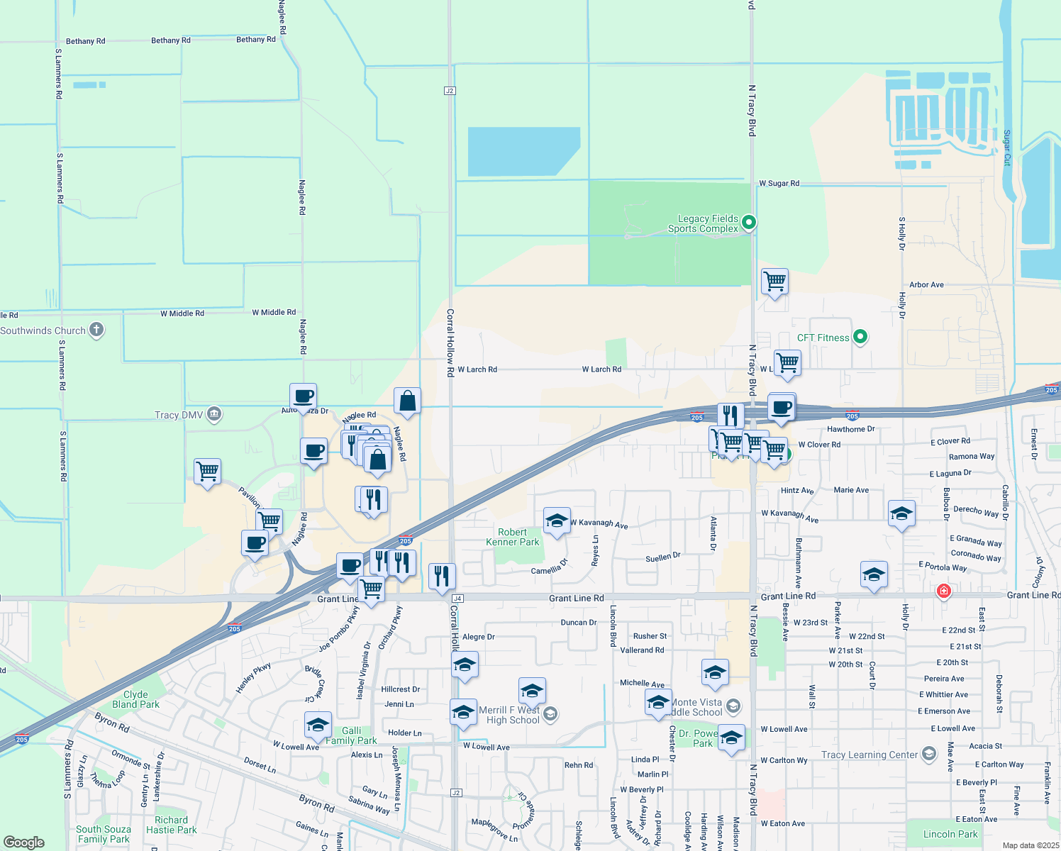 map of restaurants, bars, coffee shops, grocery stores, and more near 11601 West Clover Road in Tracy