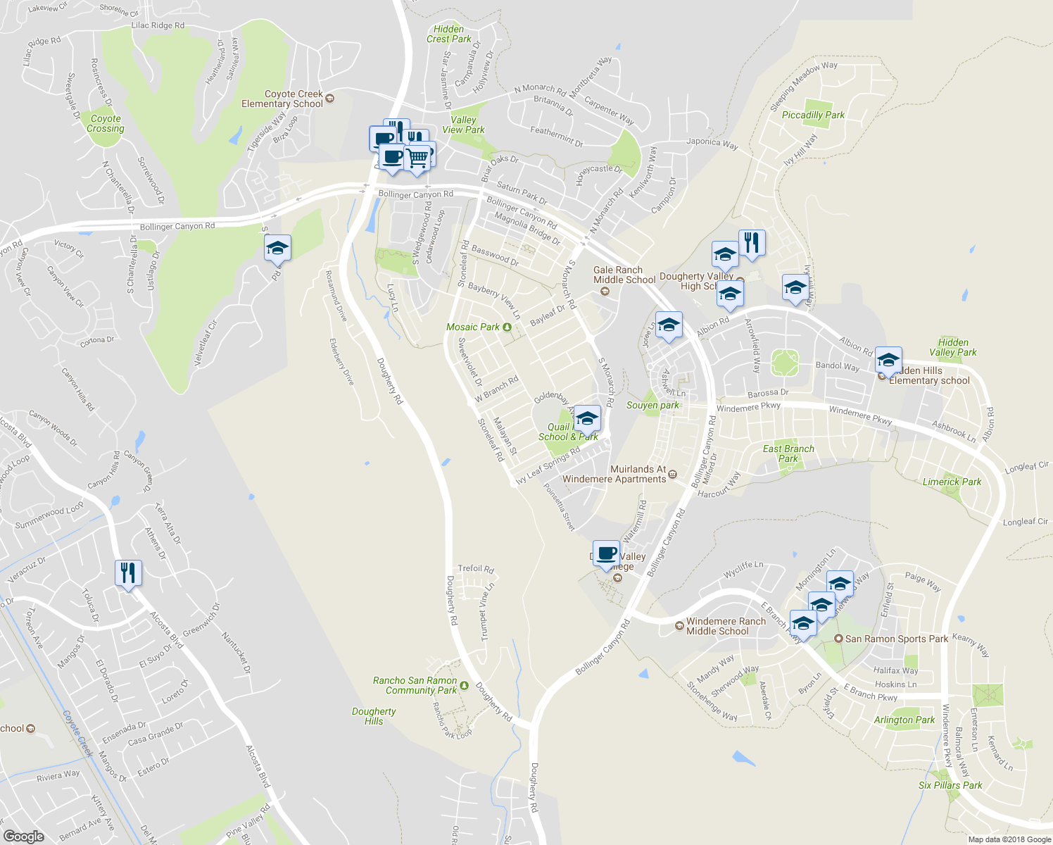 map of restaurants, bars, coffee shops, grocery stores, and more near 4556 Butterfly Creek Road in San Ramon