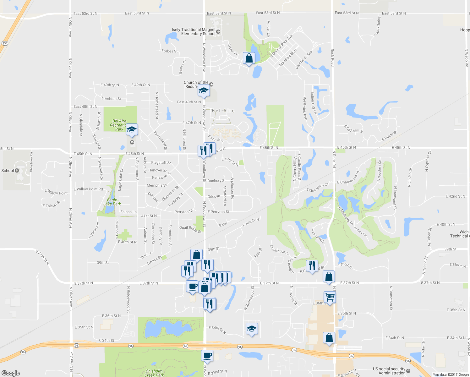 map of restaurants, bars, coffee shops, grocery stores, and more near 4326 North Mission Road in Bel Aire