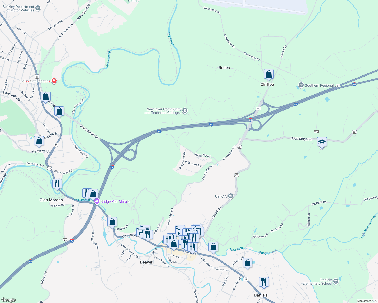 map of restaurants, bars, coffee shops, grocery stores, and more near 34 Ridgewood Dr in Beaver