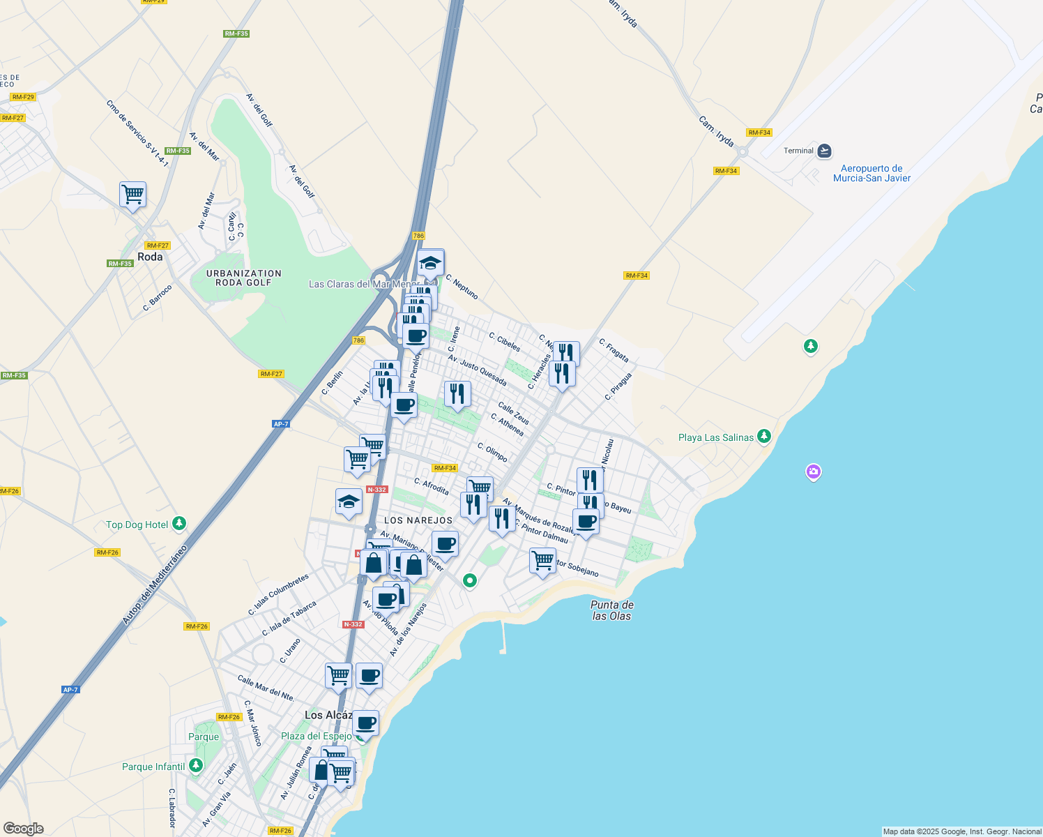 map of restaurants, bars, coffee shops, grocery stores, and more near 77 Calle Zeus in Los Alcázares