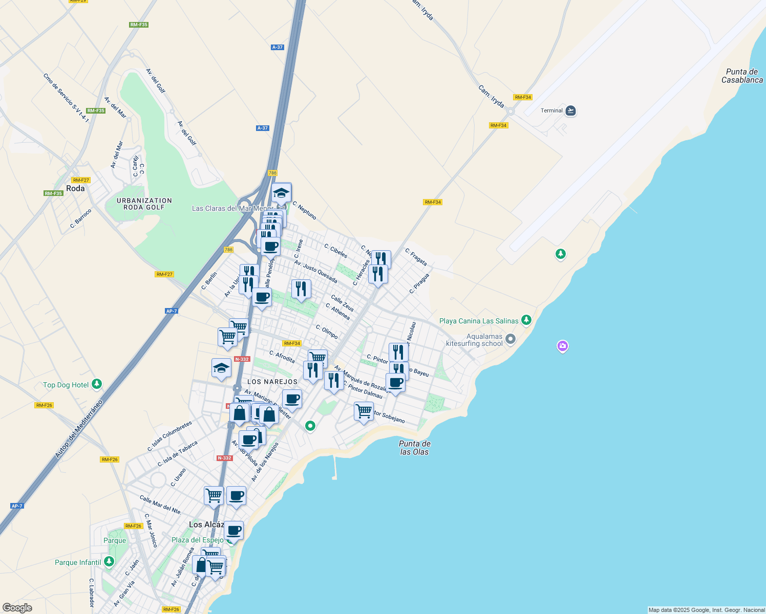 map of restaurants, bars, coffee shops, grocery stores, and more near 132 Avenida Radio Baliza Oscar in Los Alcázares
