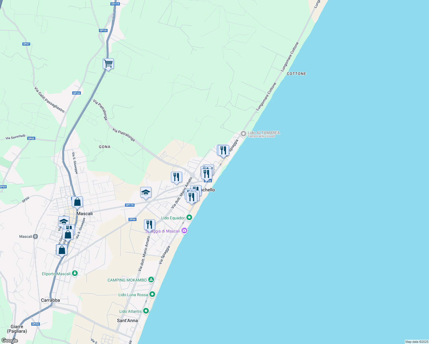 map of restaurants, bars, coffee shops, grocery stores, and more near 68 Via Spiaggia Sant'Anna in Mascali