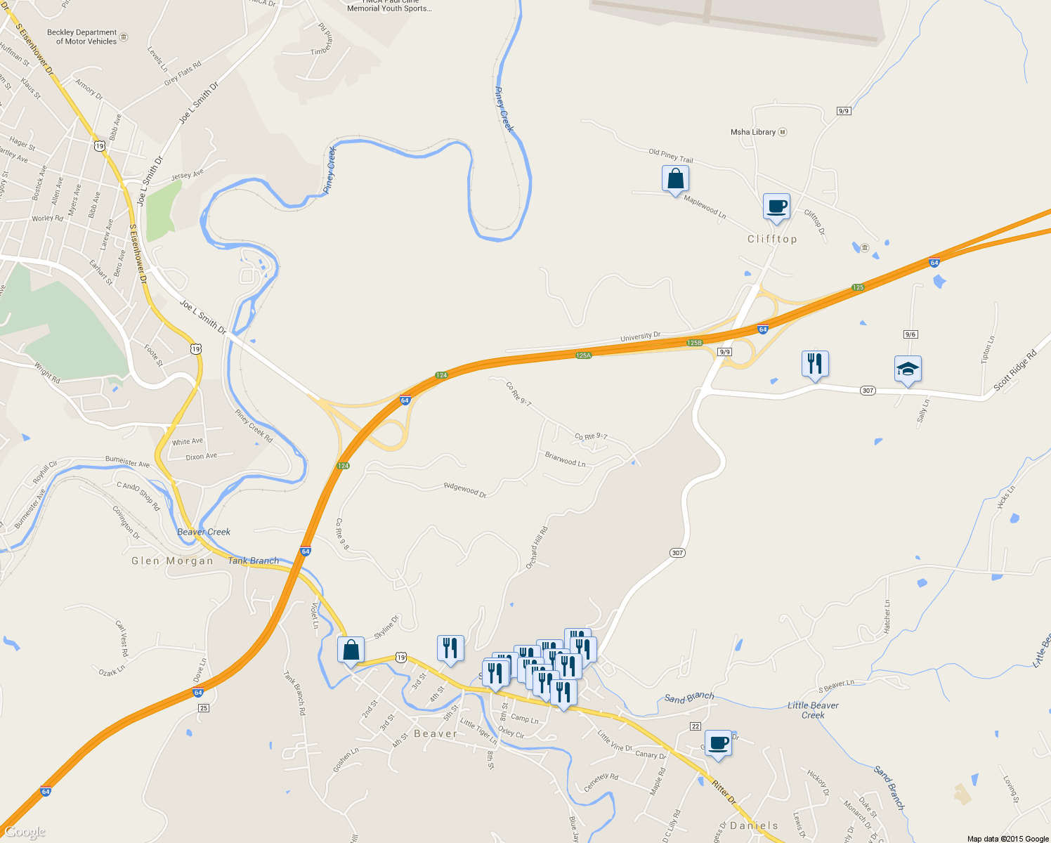map of restaurants, bars, coffee shops, grocery stores, and more near 343 Old Worley Rd in Beaver