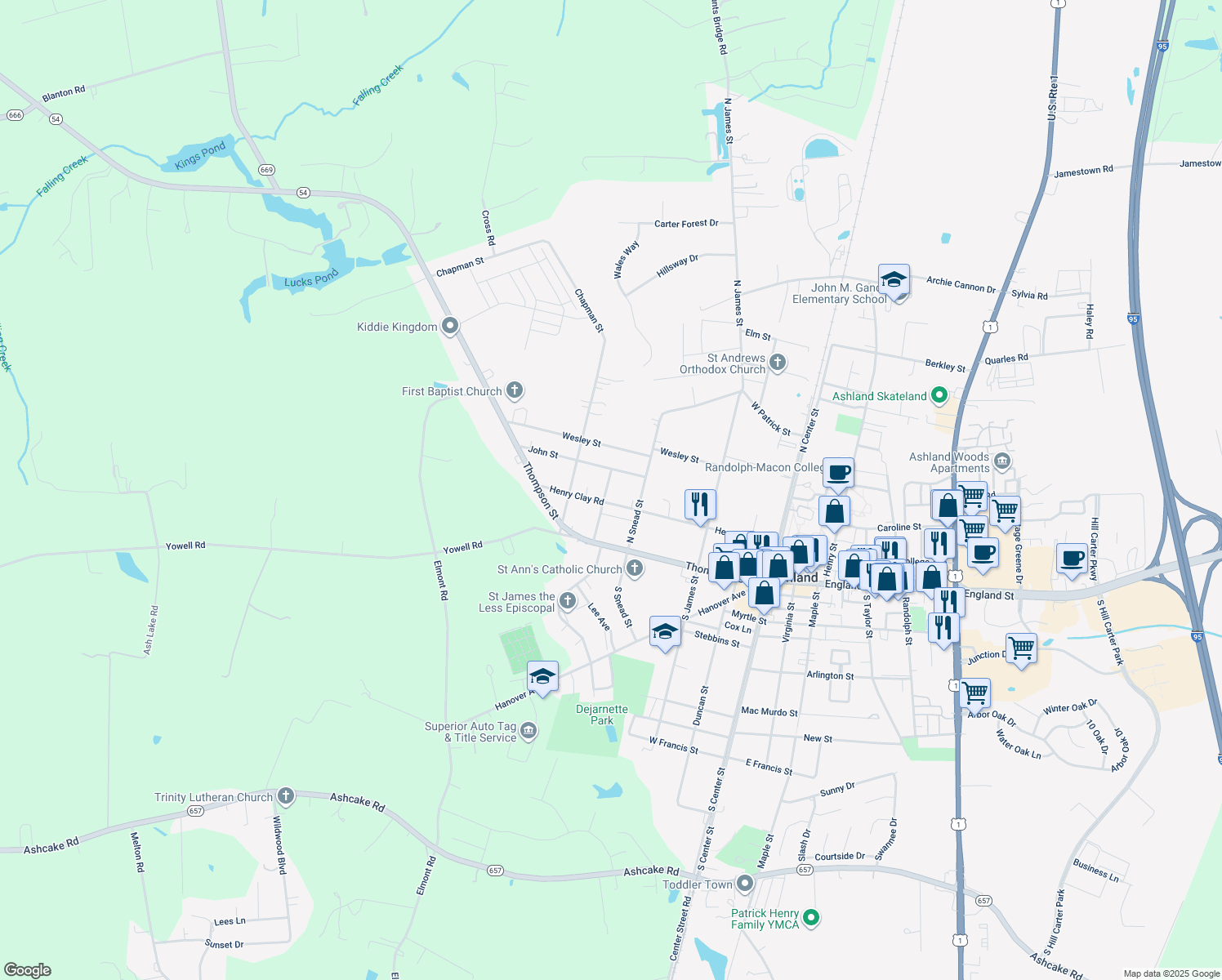 map of restaurants, bars, coffee shops, grocery stores, and more near 203 Dewey Street in Ashland