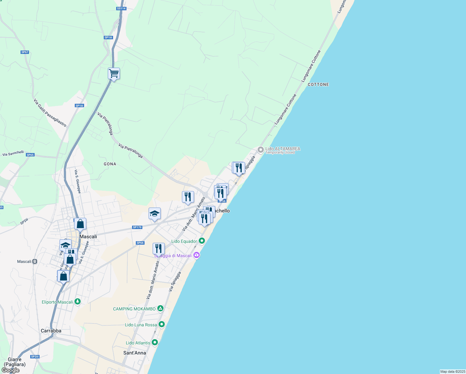 map of restaurants, bars, coffee shops, grocery stores, and more near 68 Via Spiaggia in Mascali