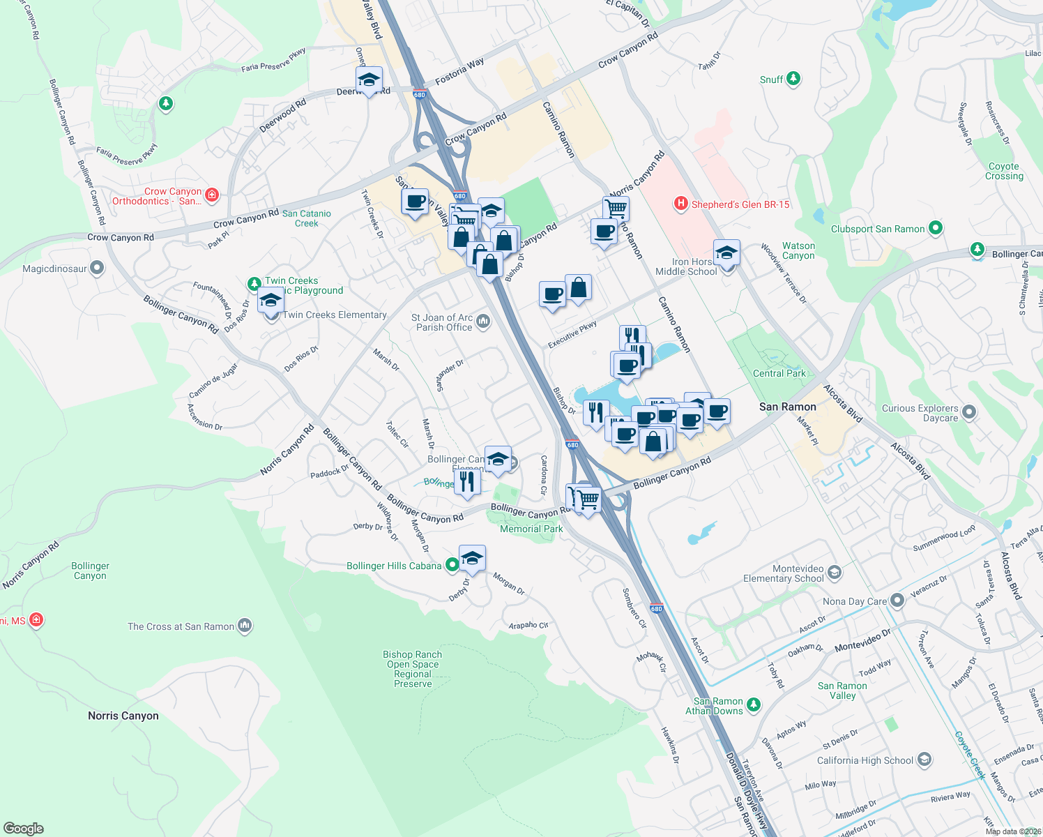map of restaurants, bars, coffee shops, grocery stores, and more near 20 Pamplona Court in San Ramon