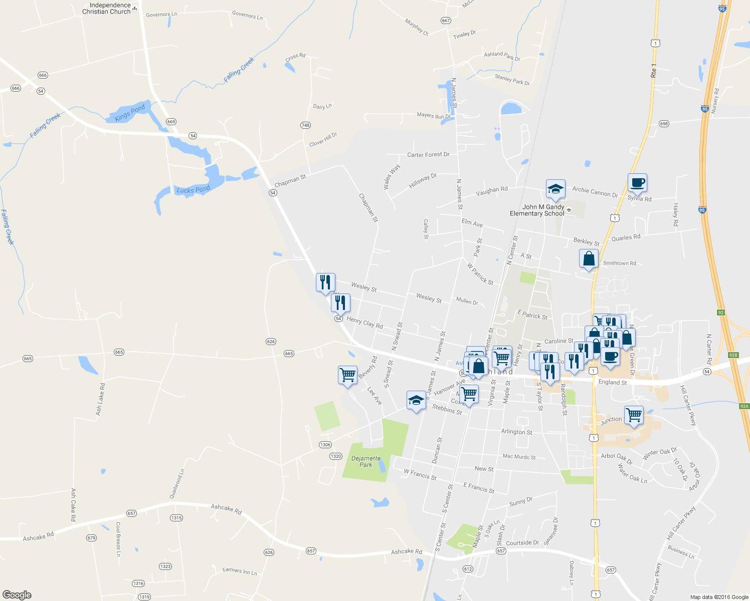 map of restaurants, bars, coffee shops, grocery stores, and more near 406 John Street in Ashland