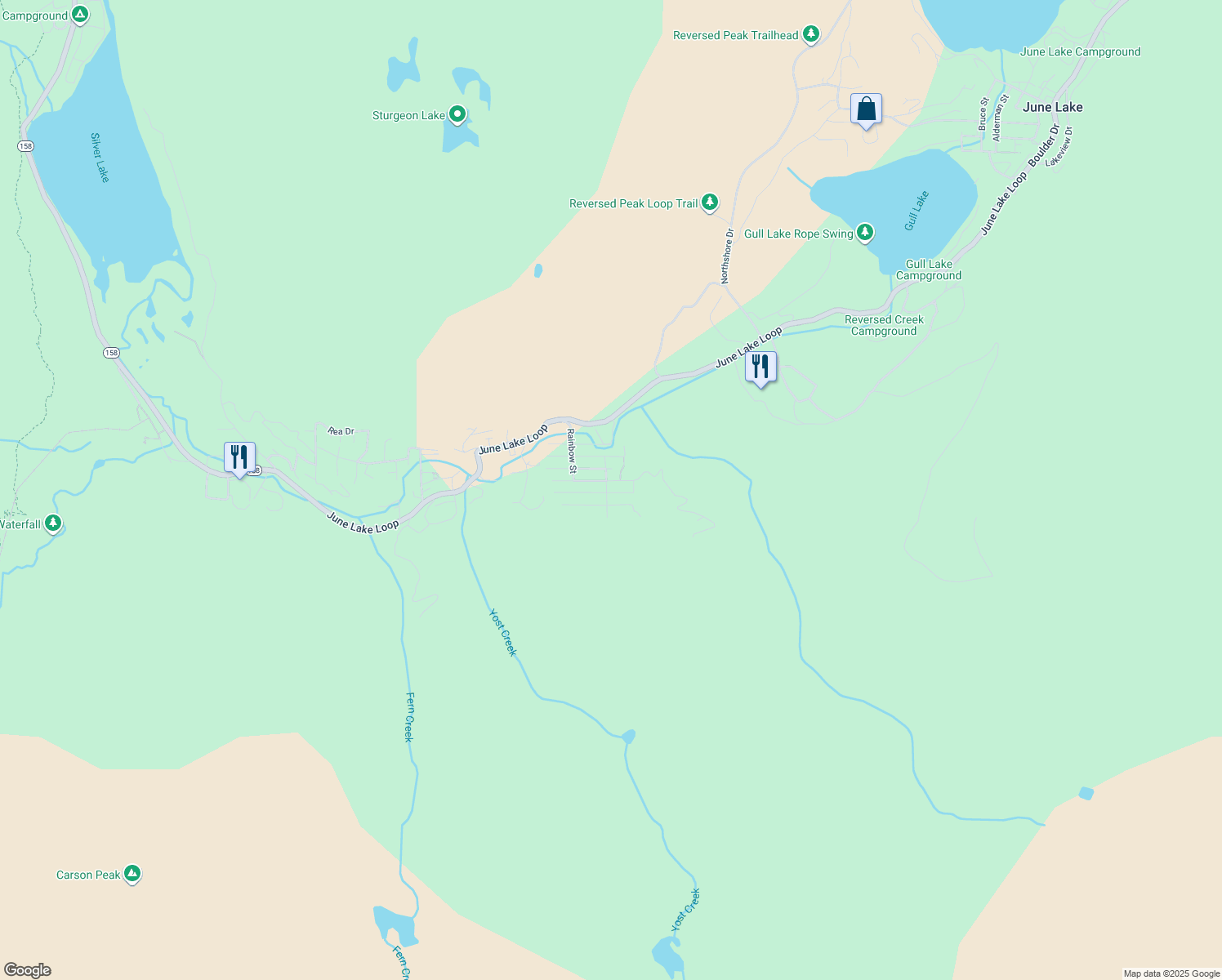 map of restaurants, bars, coffee shops, grocery stores, and more near Piute Drive in June Lake