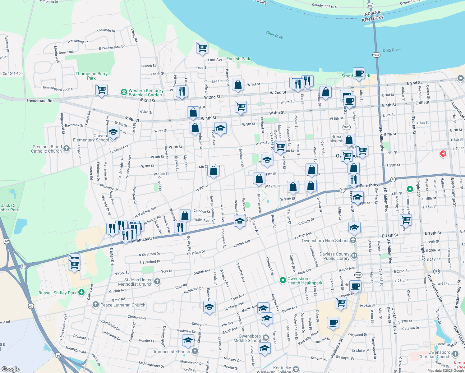 map of restaurants, bars, coffee shops, grocery stores, and more near 1032 Venable Ave in Owensboro