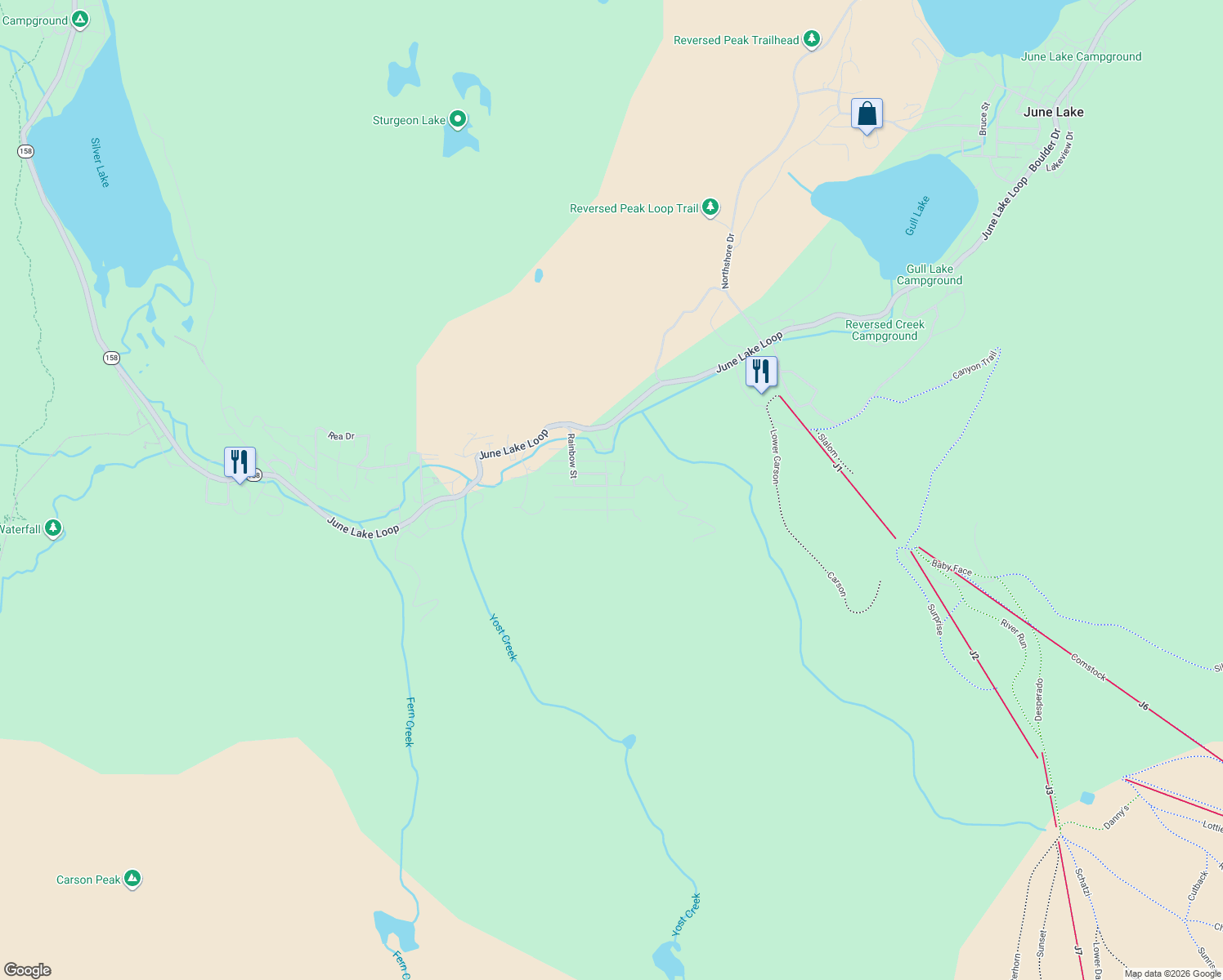 map of restaurants, bars, coffee shops, grocery stores, and more near 818 Palisades Drive in June Lake