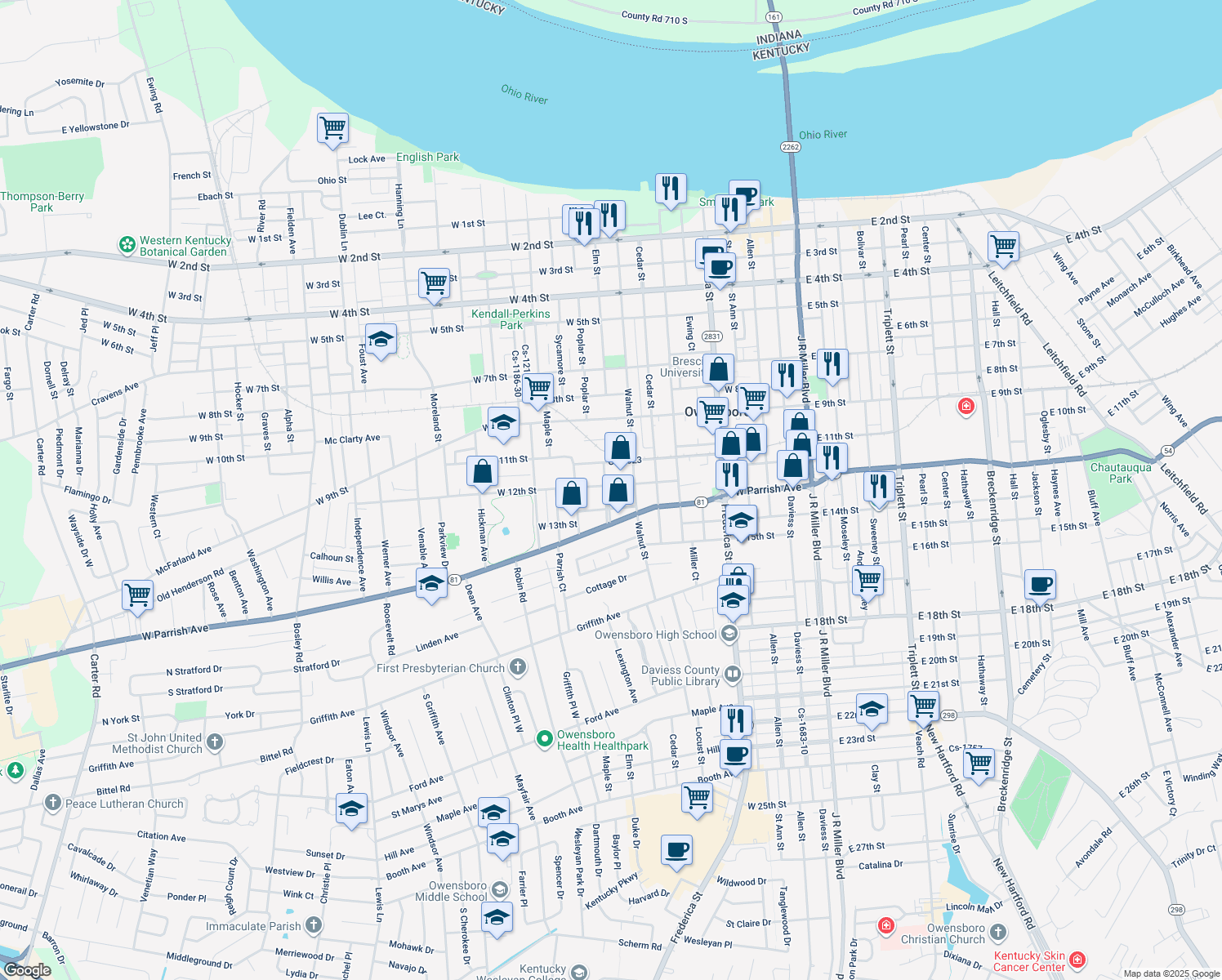 map of restaurants, bars, coffee shops, grocery stores, and more near 730 West 12th Street in Owensboro