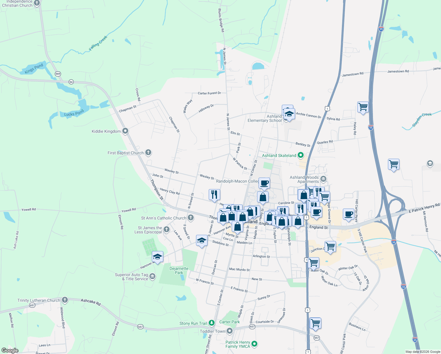 map of restaurants, bars, coffee shops, grocery stores, and more near 302 N James St in Ashland
