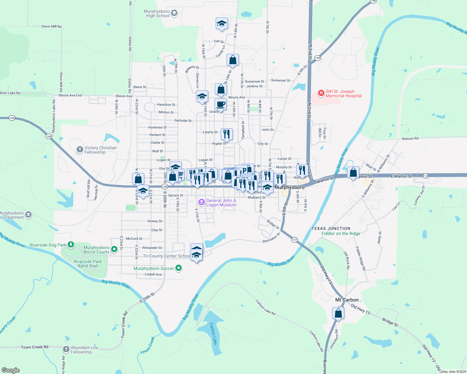 map of restaurants, bars, coffee shops, grocery stores, and more near 1301 Walnut St in Murphysboro