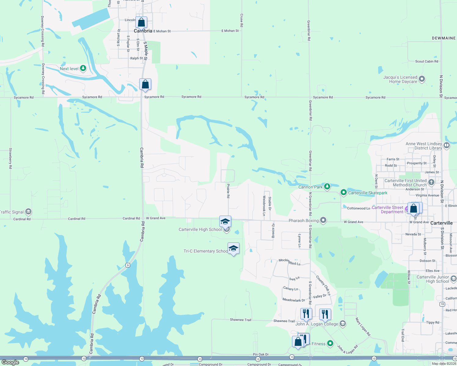 map of restaurants, bars, coffee shops, grocery stores, and more near 199 Prairie Rd in Carterville