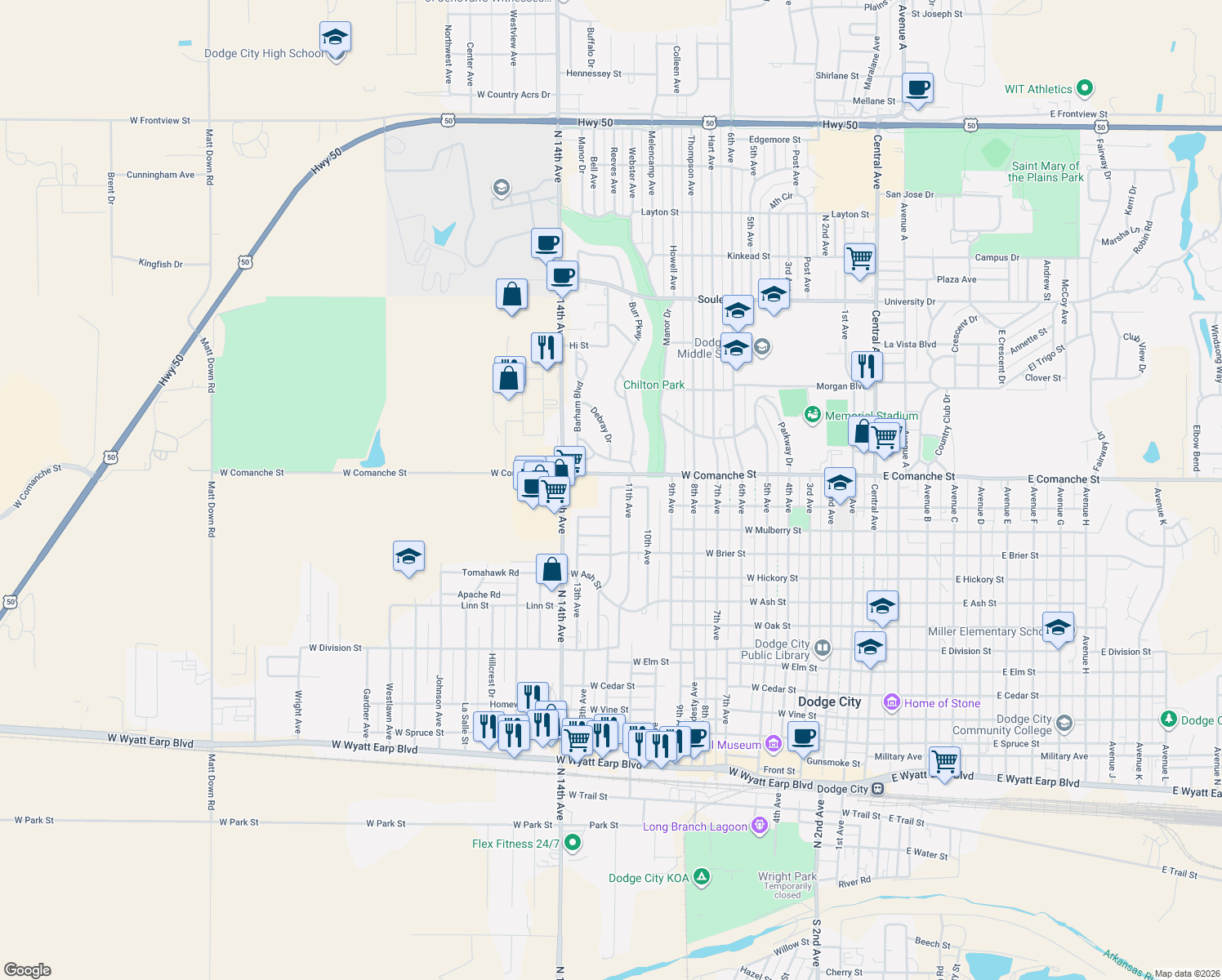 map of restaurants, bars, coffee shops, grocery stores, and more near 1799 12th Ave in Dodge City