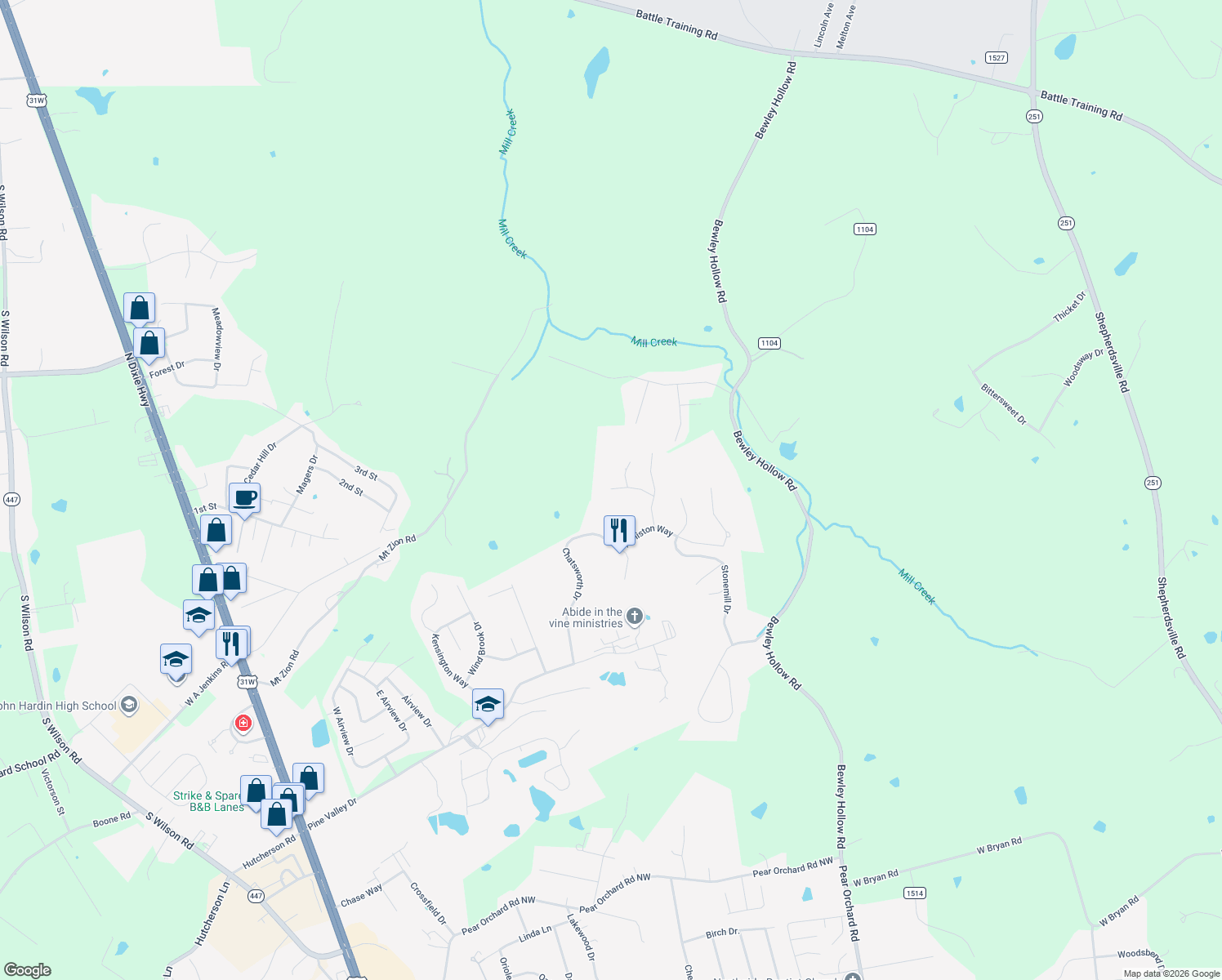 map of restaurants, bars, coffee shops, grocery stores, and more near 163 Rhinestone Court in Elizabethtown