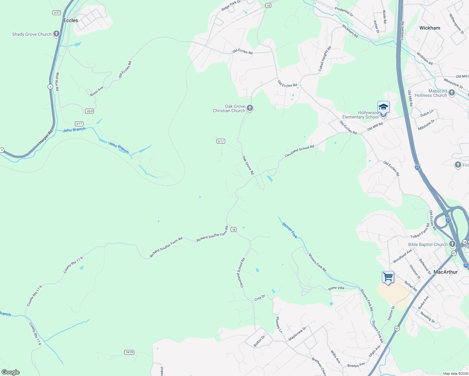 map of restaurants, bars, coffee shops, grocery stores, and more near 530 Cleveland School Rd in Beckley