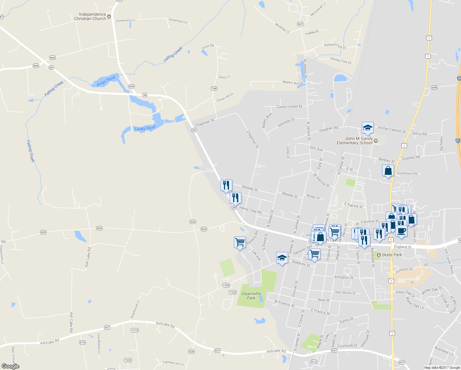 map of restaurants, bars, coffee shops, grocery stores, and more near 513 Wesley Street in Ashland