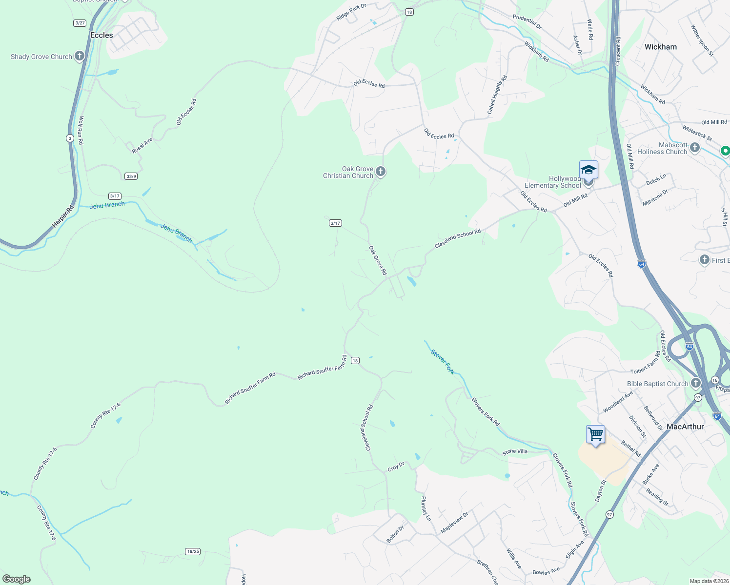 map of restaurants, bars, coffee shops, grocery stores, and more near 530 Cleveland School Rd in Beckley