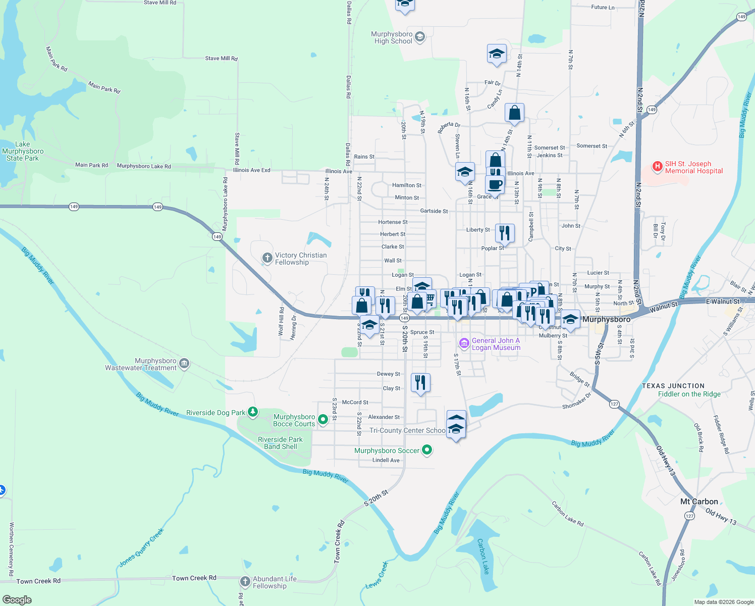 map of restaurants, bars, coffee shops, grocery stores, and more near 2120 Pine Street in Murphysboro