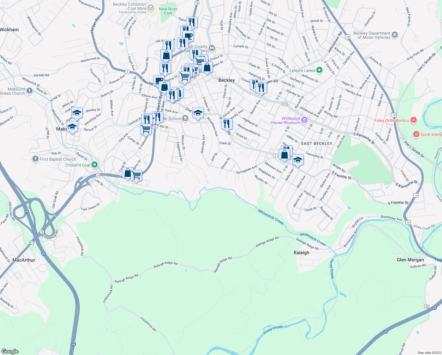 map of restaurants, bars, coffee shops, grocery stores, and more near 212 Queen St in Beckley
