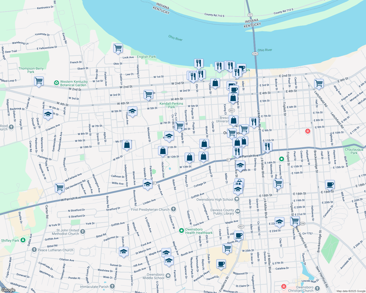 map of restaurants, bars, coffee shops, grocery stores, and more near 1099 West 11th Street in Owensboro