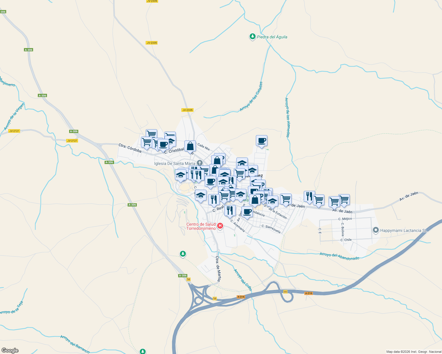 map of restaurants, bars, coffee shops, grocery stores, and more near in Torredonjimeno