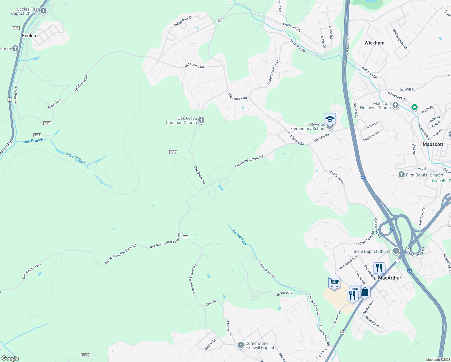 map of restaurants, bars, coffee shops, grocery stores, and more near 391-405 Cleveland School Road in Beckley