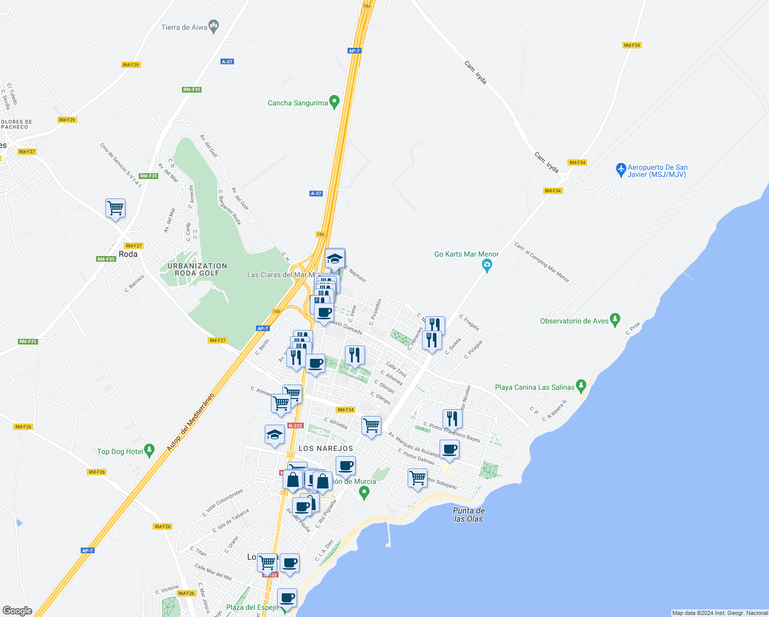 map of restaurants, bars, coffee shops, grocery stores, and more near 44 Calle Cibeles in Los Alcázares