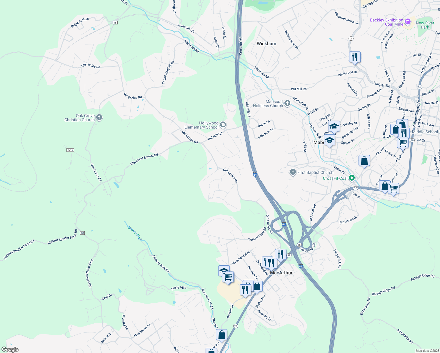 map of restaurants, bars, coffee shops, grocery stores, and more near 100-104 Randrick Drive in Beckley