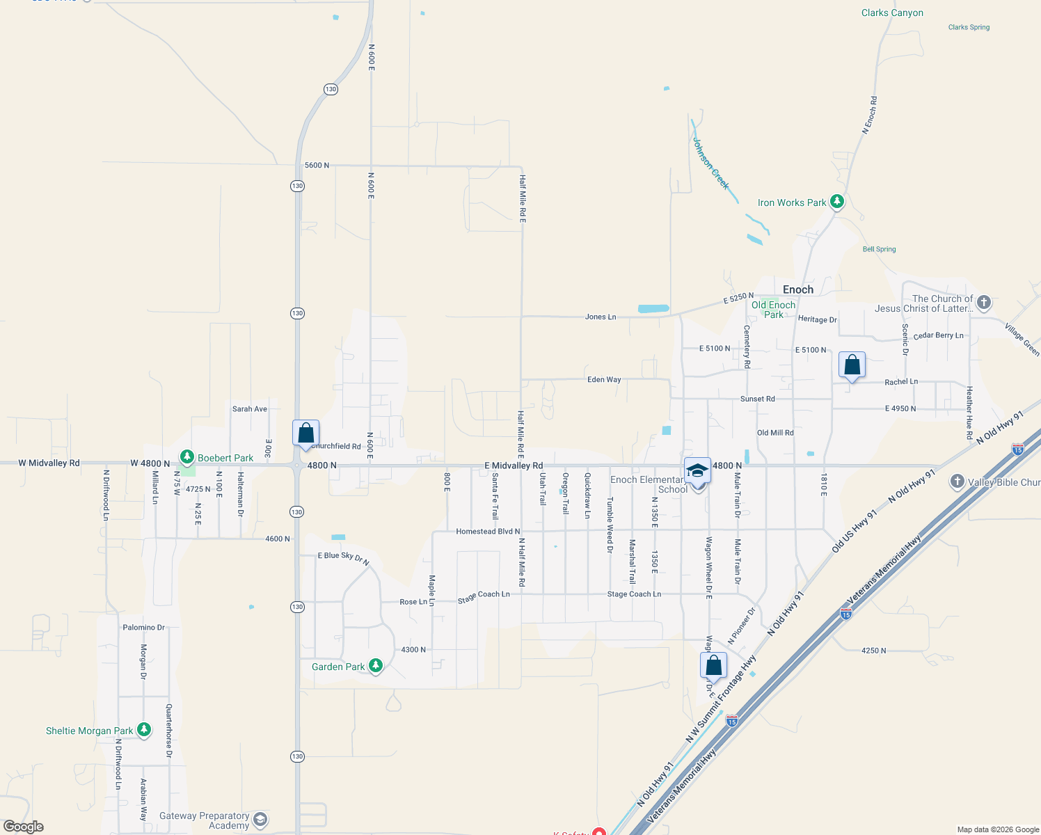 map of restaurants, bars, coffee shops, grocery stores, and more near 4983 N 1000 E in Enoch