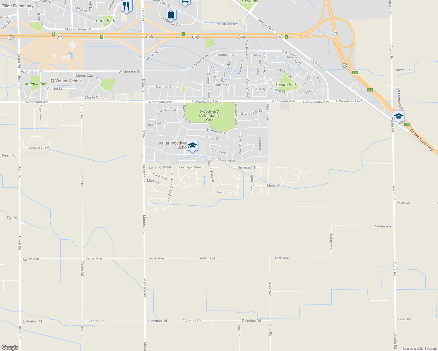 map of restaurants, bars, coffee shops, grocery stores, and more near 2356 Beardsley Avenue in Manteca