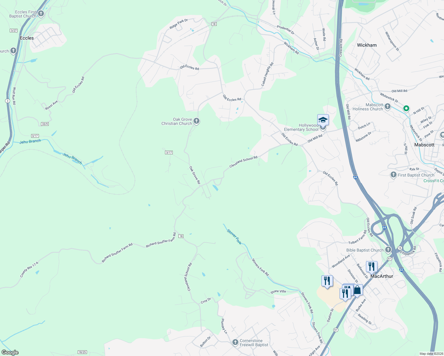 map of restaurants, bars, coffee shops, grocery stores, and more near 391 Cleveland School Road in Beckley