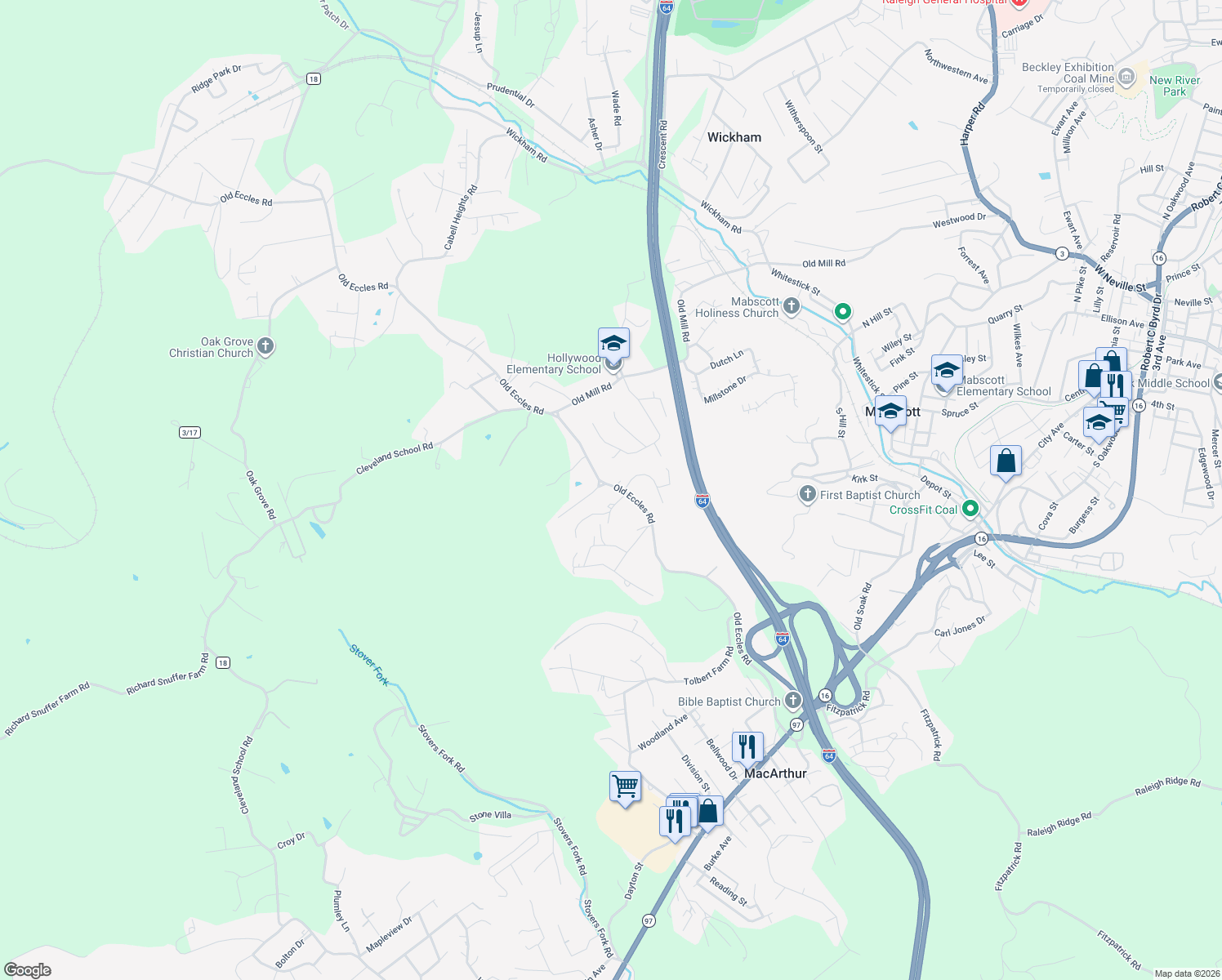 map of restaurants, bars, coffee shops, grocery stores, and more near 100-104 Randrick Drive in Beckley