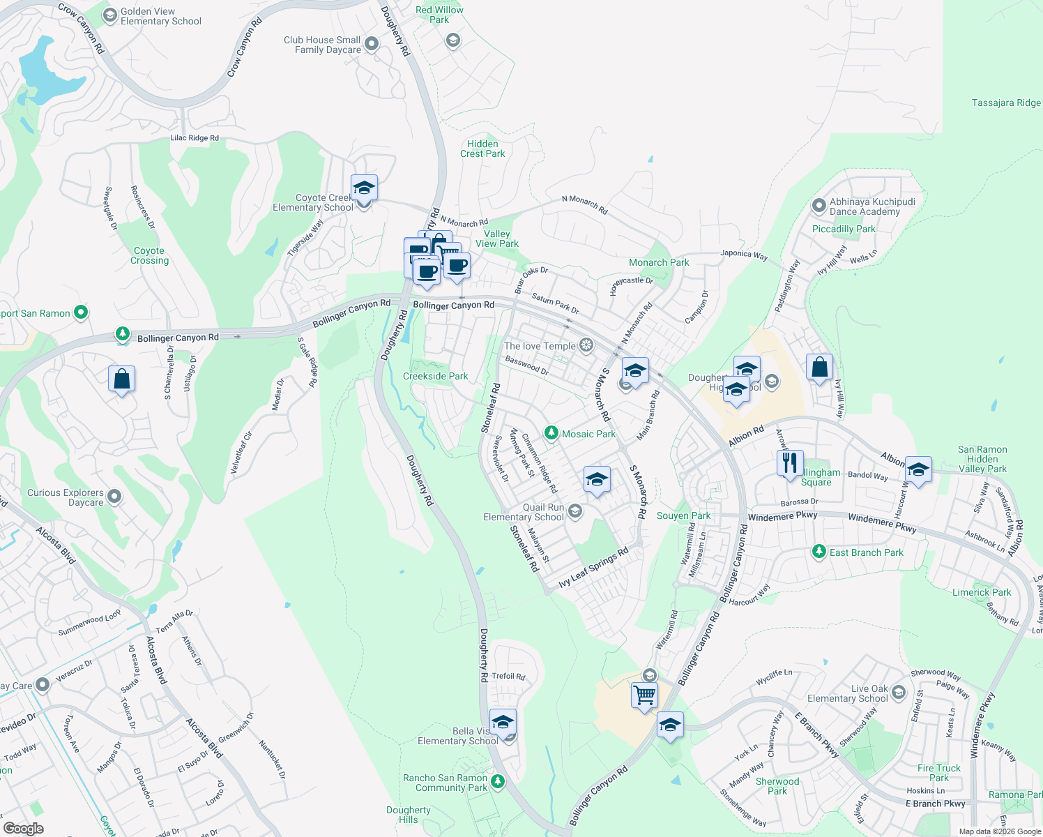 map of restaurants, bars, coffee shops, grocery stores, and more near 1041 South Wedgwood Road in San Ramon